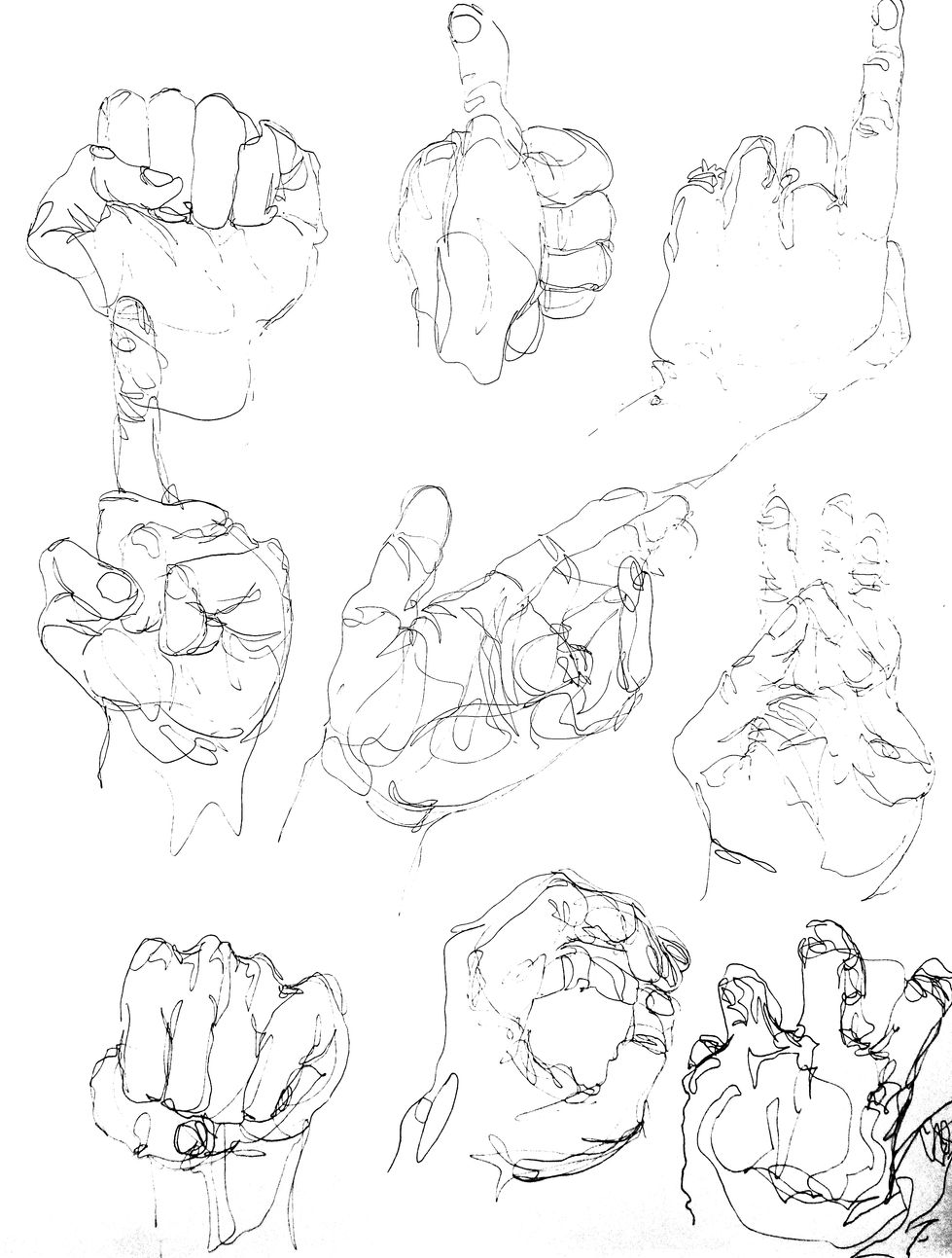 Multiple continuous contour drawings of hands.