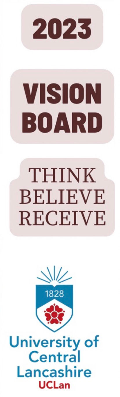 Poster with 2023 Vision Board and Think Believe Receive above University of Central Lancashire UCLan logo.