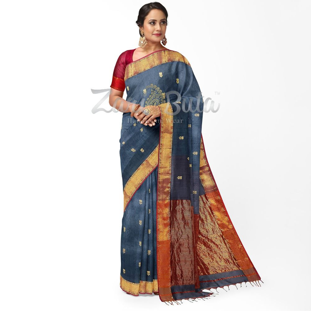 Steel Grey Small Tulip Buti Broad Border Maheshwari Handloom Saree