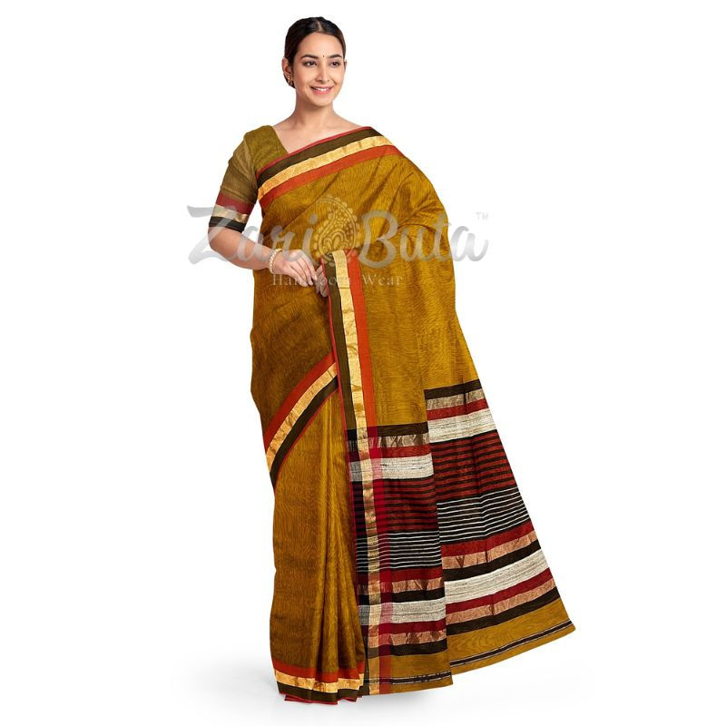 Thumbnail: Plai n Mustard Yellow Maheshwari Handloom Saree