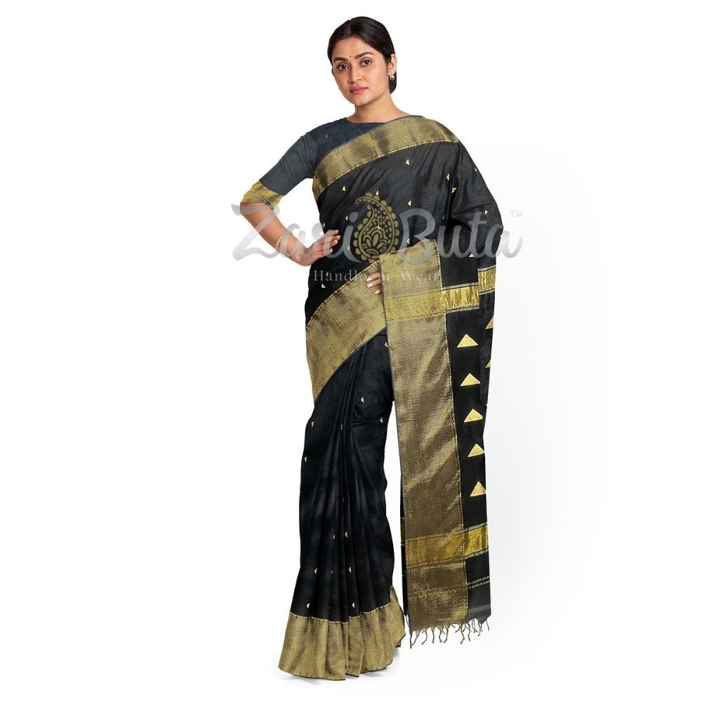 Black triangle Buti Broad Border Maheshwari Handloom Saree
