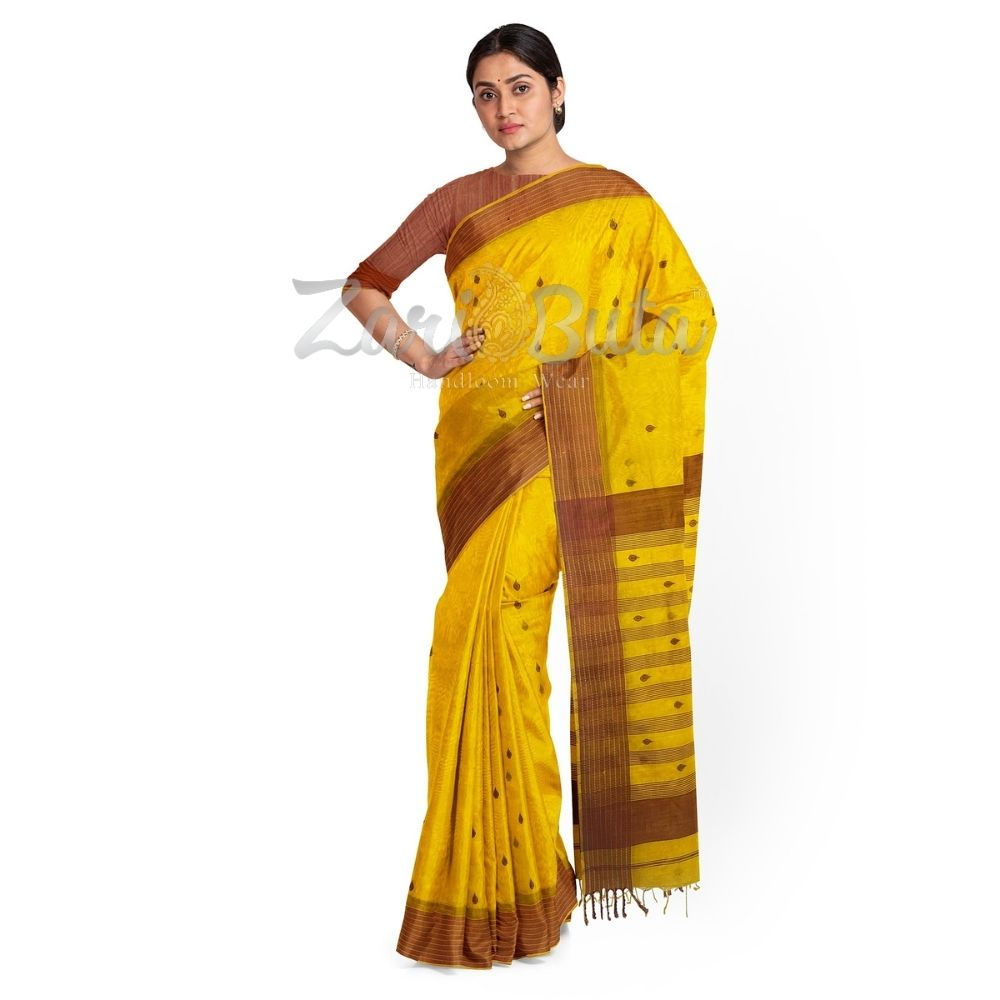 Yellow Small Buti Stripped Border Maheshwari Handloom Saree