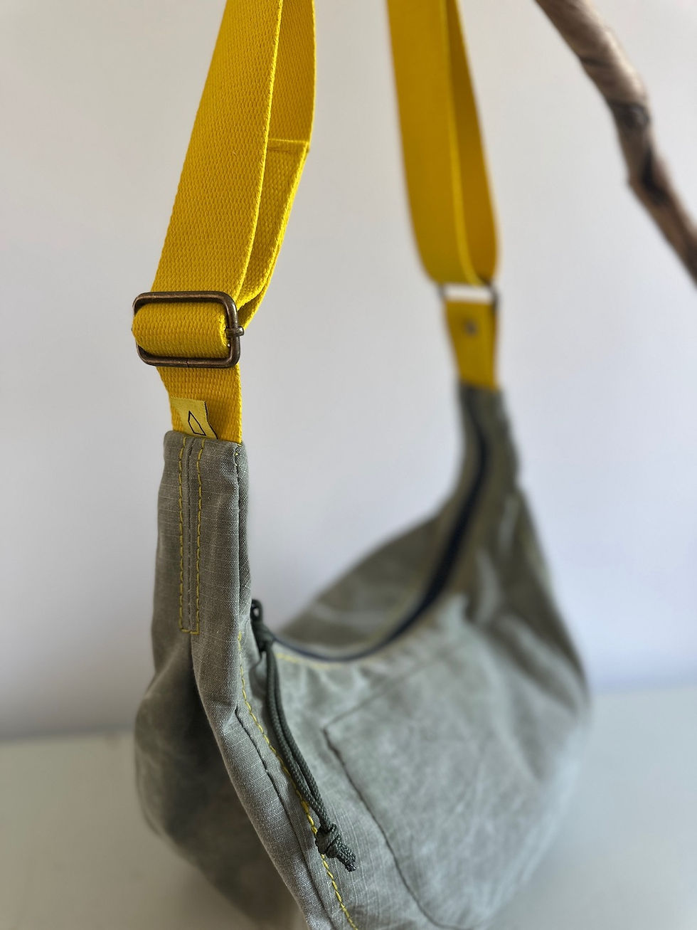 Thumbnail: CROSSBODY BAG |  green vintage army tent canvas with yellow strap