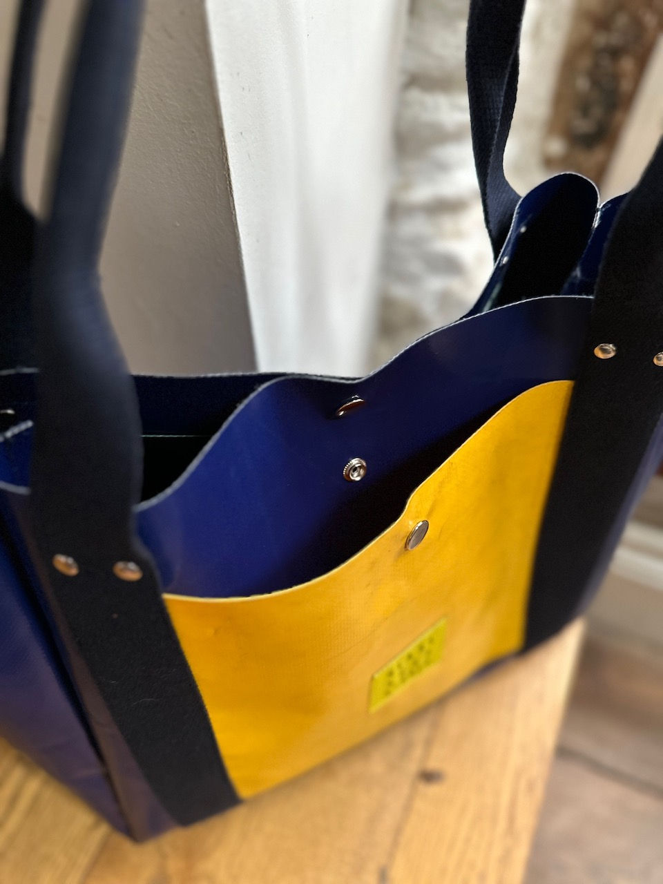 Thumbnail: POPPER TOTE BAG | navy, yellow and green plastic with navy strap