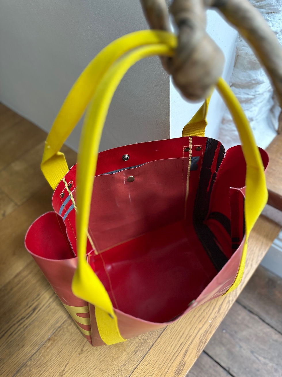 Thumbnail: POPPER TOTE BAG | faded red plastic with yellow strap