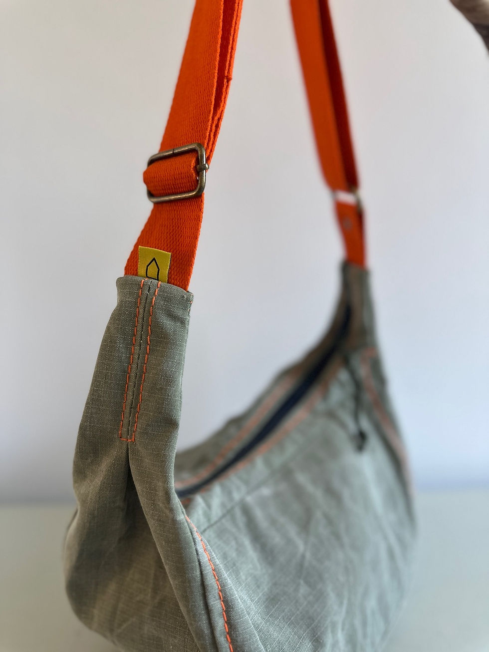Thumbnail: CROSSBODY BAG |  green vintage army tent canvas with orange strap