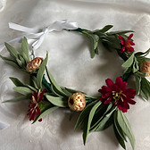 Flower crown with sage, zinnias and straw flowers