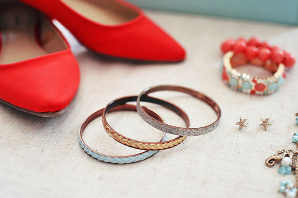 Pointy toe coral flats, jewelry box, teal and coral bracelets, blue and gold bangles, starfish stud earrings, seahorse necklace, Cara, Styled by Cara, personal stylist, Charleston South Carolina, Charleston SC, personal stylist in Charleston SC