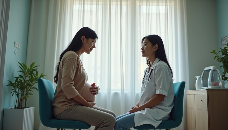 Eye-level view of a nursing mother consulting with a lactation specialist in a bright clinic room