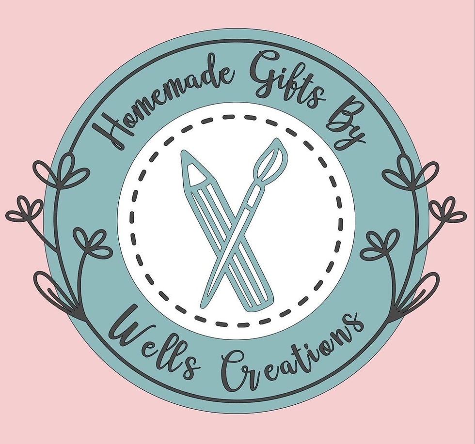 Teal and pink logo for "Homemade Gifts By Wells Creations" with pencil and paintbrush crossed design, floral accents, and circular layout.