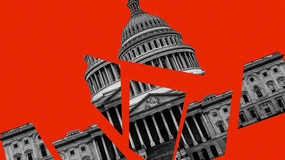 U.S. Capitol building fragmented and shattered against red background symbolizing broken government and 2025 federal shutdown dysfunction