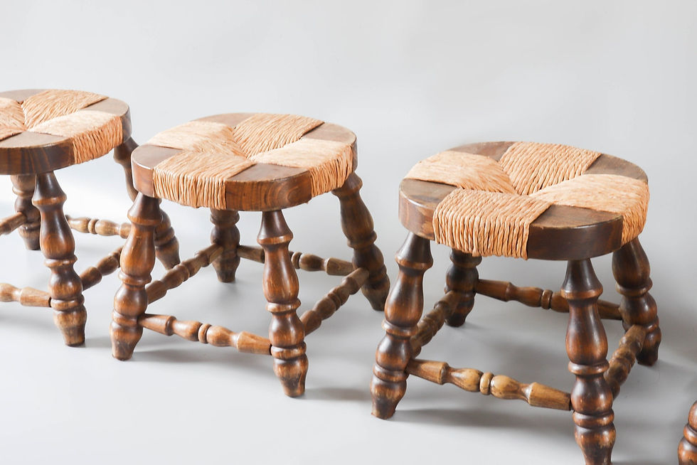 Thumbnail: A SET OF 4 ANTIQUE RUSTIC MILKING STOOLS WITH RUSH SEATS