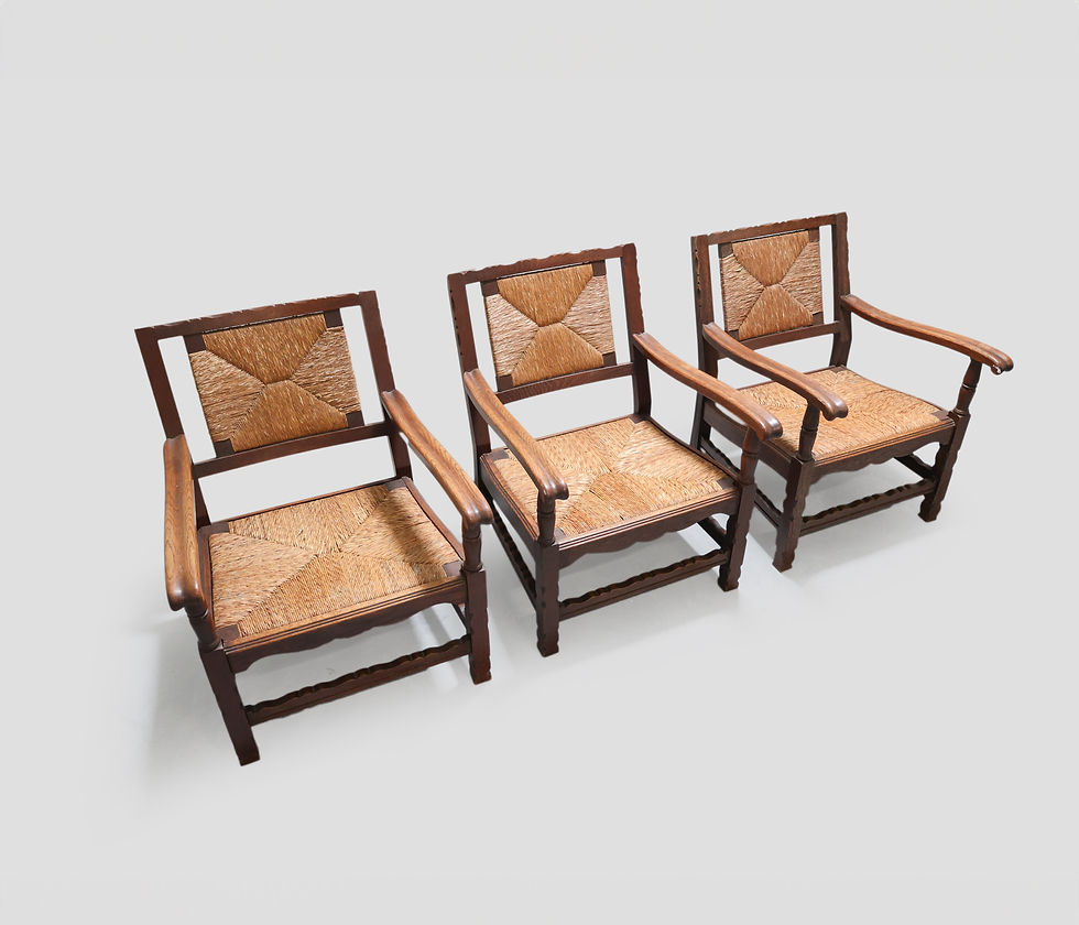 Thumbnail: RUSTIC MID CENTURY WOOD ARMCHAIRS WITH WOVEN SEAT & BACKREST