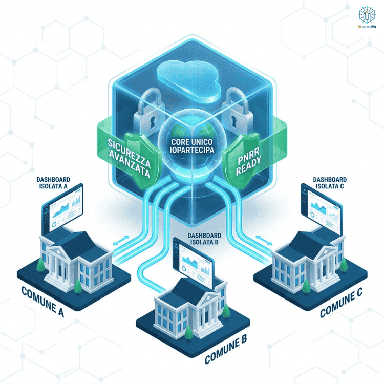 Infografica isometrica 3D dell'architettura Cloud Multi-tenant di IOparteciPA. Al centro, un cubo trasparente protetto da scudi 'Sicurezza Avanzata' e 'PNRR Ready' contiene il Core Unico, collegando simultaneamente le dashboard isolate dei Comuni A, B e C.