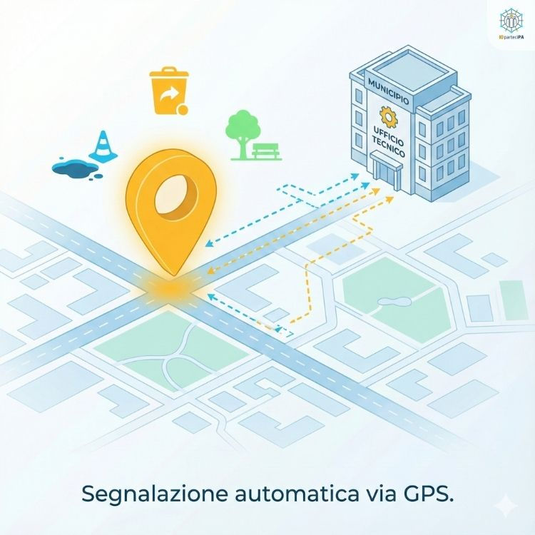 Infografica che mostra come la geolocalizzazione GPS smista automaticamente la segnalazione all'ufficio comunale competente.