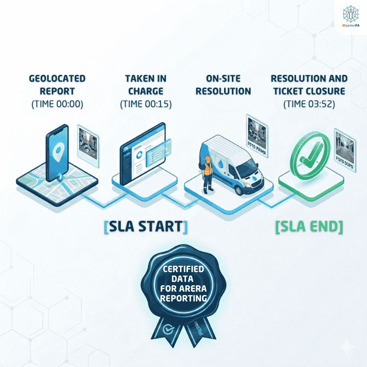 IOparteciPA operational workflow infographic: from georeferenced citizen report to ticket resolution in 3 hours and 52 minutes. It highlights automatic SLA tracking and the 'Certified Data for ARERA Report' seal for utility compliance.