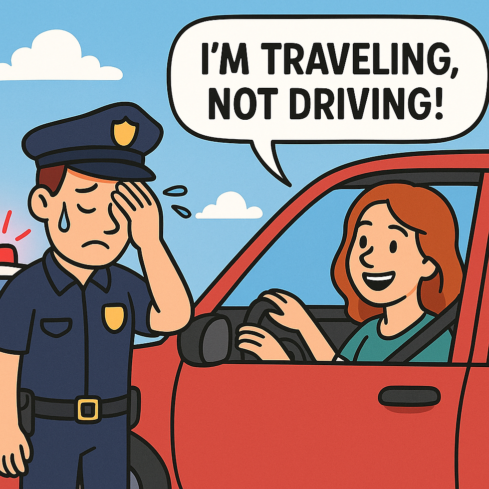 Cartoon woman in red car says, "I'm traveling, not driving!" to a confused police officer wiping sweat. Blue sky and clouds in the background.