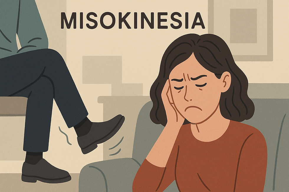 Upset woman holding head, sitting on a sofa, with a leg bouncing nearby. Text "MISOKINESIA" in background. Neutral colors.