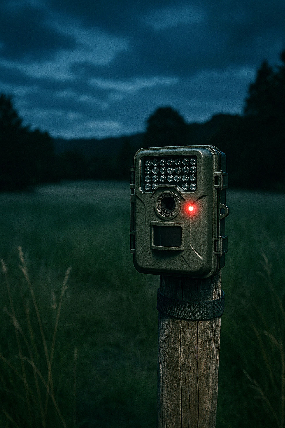 Trail camera mounted at the edge of a Patagonian meadow at night.