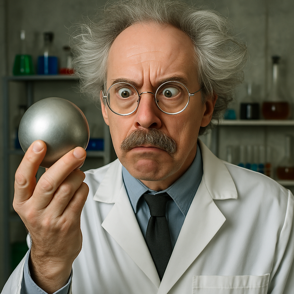 A scientist looking at the Buda Sphere, well, a fake one, I guess.