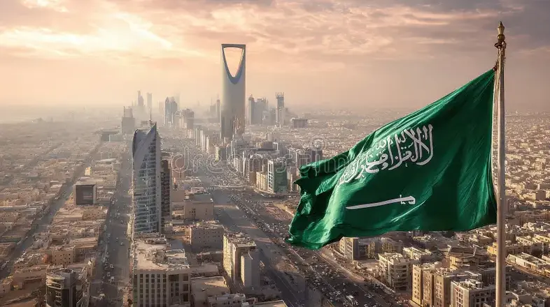 saudi-arabian-flag-raised-prominently-against-backdrop-riyadh-skyline-sunset-tall-building