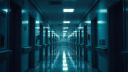 Dimly lit hospital hallway with a blue tint, lined with closed doors and overhead lights reflecting on the shiny floor. Exit sign visible.