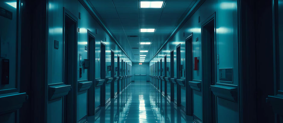 Dimly lit hospital hallway with a blue tint, lined with closed doors and overhead lights reflecting on the shiny floor. Exit sign visible.