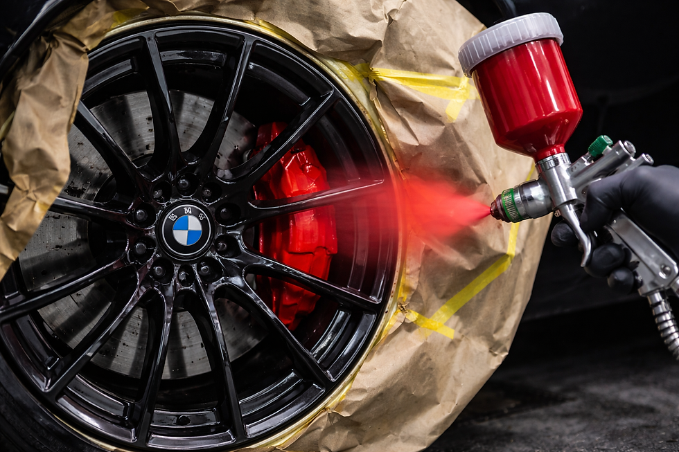 Custom rim and brake caliper painting service for performance vehicle in Dublin OH