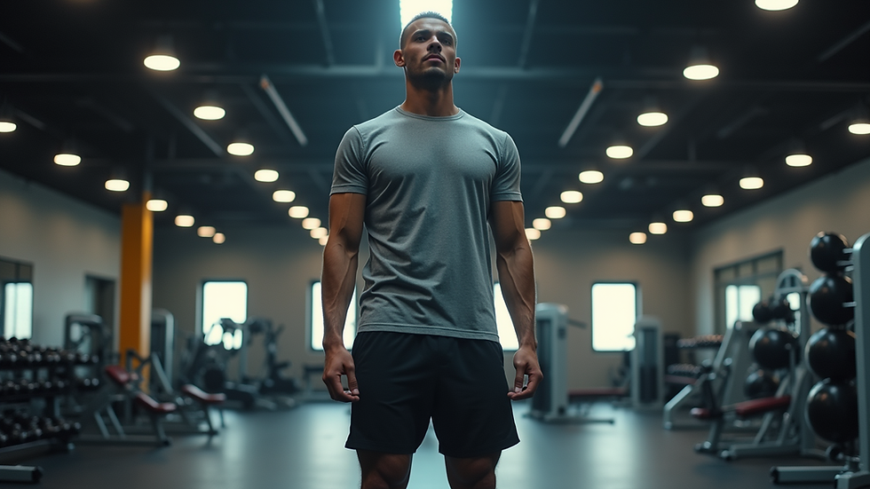 Eye-level view of a man wearing breathable workout shirt and shorts in a gym