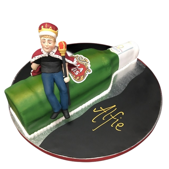 Bespoke cake shaped like a Stella Artois bottle with King Lad label, crafted for celebration in Solihull, West Midlands.