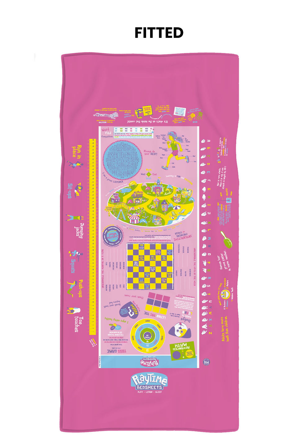 Pink bag with various illustrations and text including