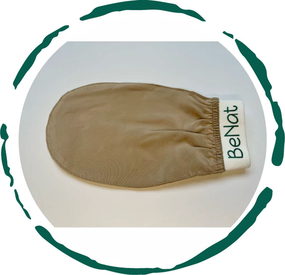 BeNat exfoliating mitt on white background. Skincare product for deep cleansing.