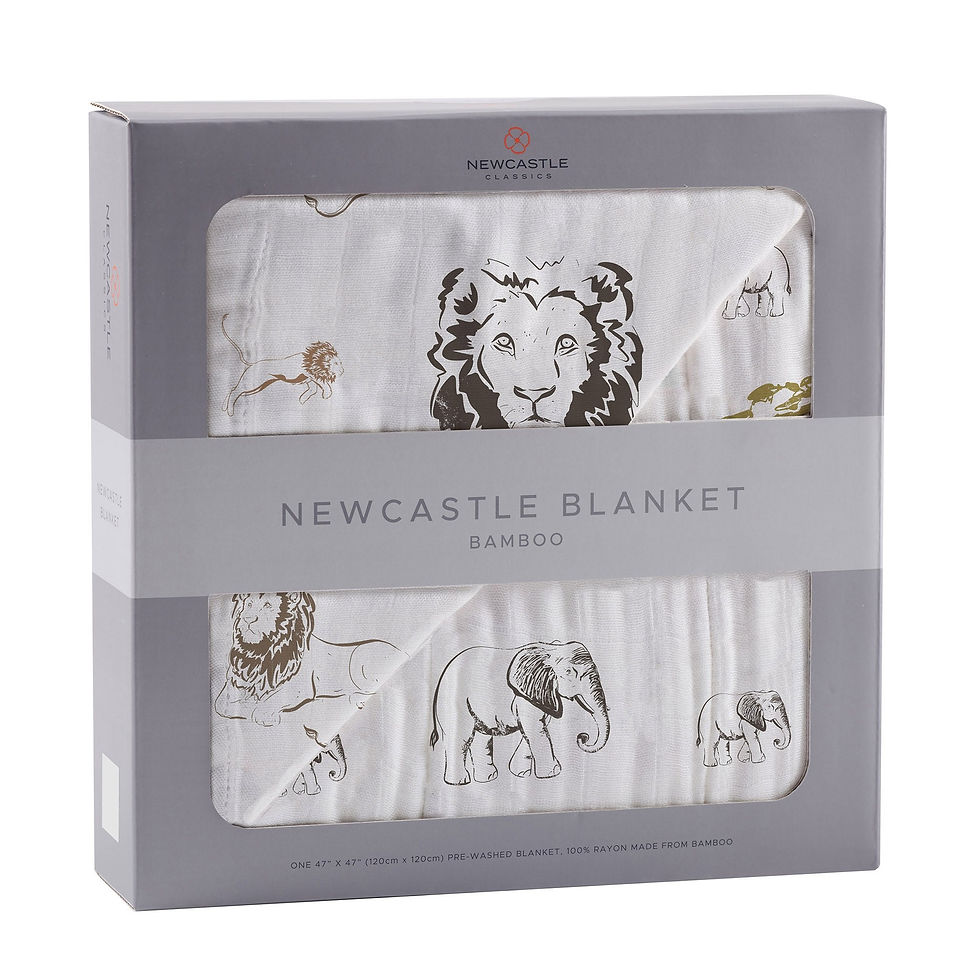 White Newcastle Blanket in Box with Lion, Elephant and Giraffe designs.