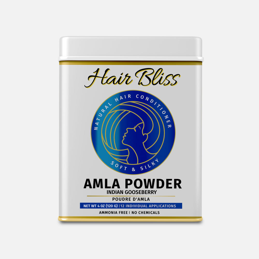 Hair Bliss Amla Powder tin with text, natural hair conditioner for shine.