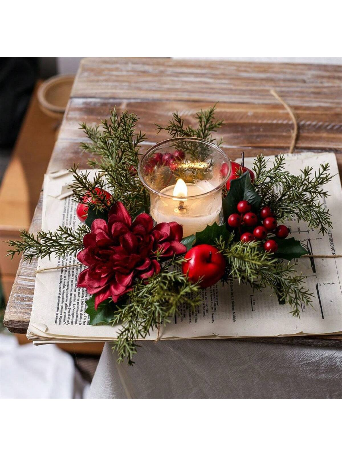 Christmas Candle Rings Artificial Pine Red Berry Flower Candle Wreath Holiday Ca