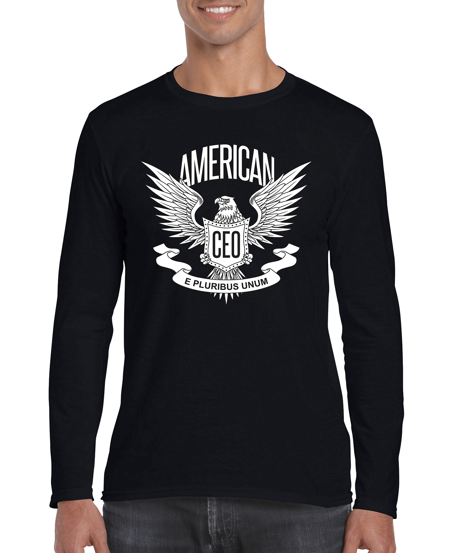 Black long-sleeve shirt with "AMERICAN CEO" eagle logo and slogan design.