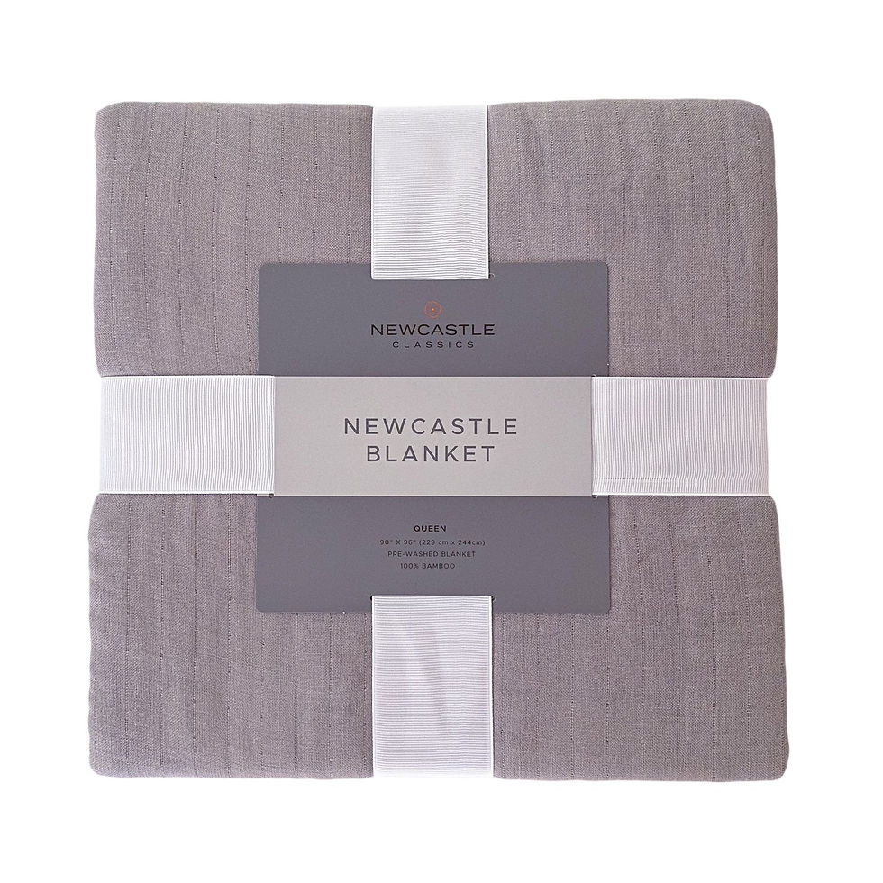 Stacked gray blanket with white strap and text reads Newcastle Blanket.