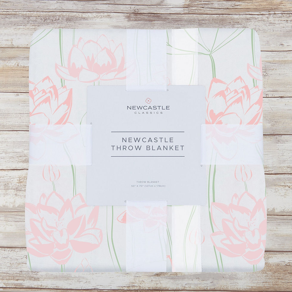 White blanket with pink floral pattern and Newcastle Throw Blanket text on it.