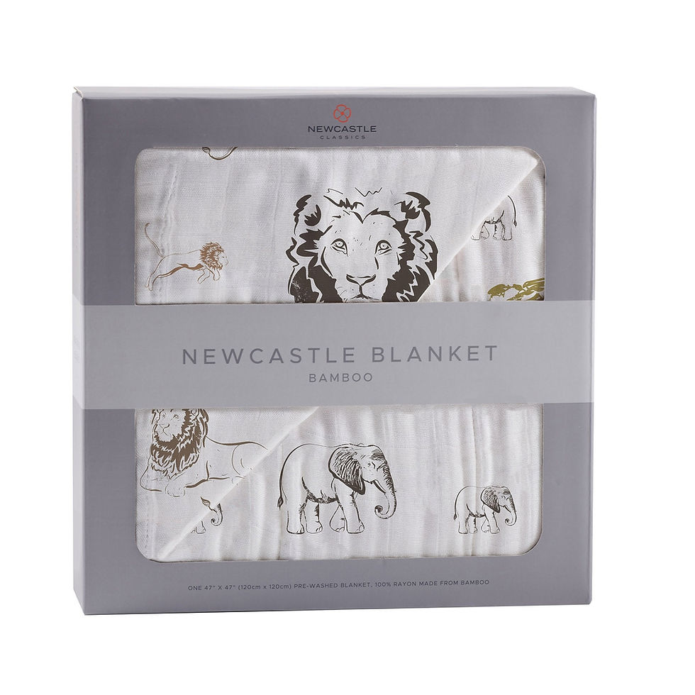 White baby blanket in a box, with a lion and elephant print. NEWCASTLE BLANKET
