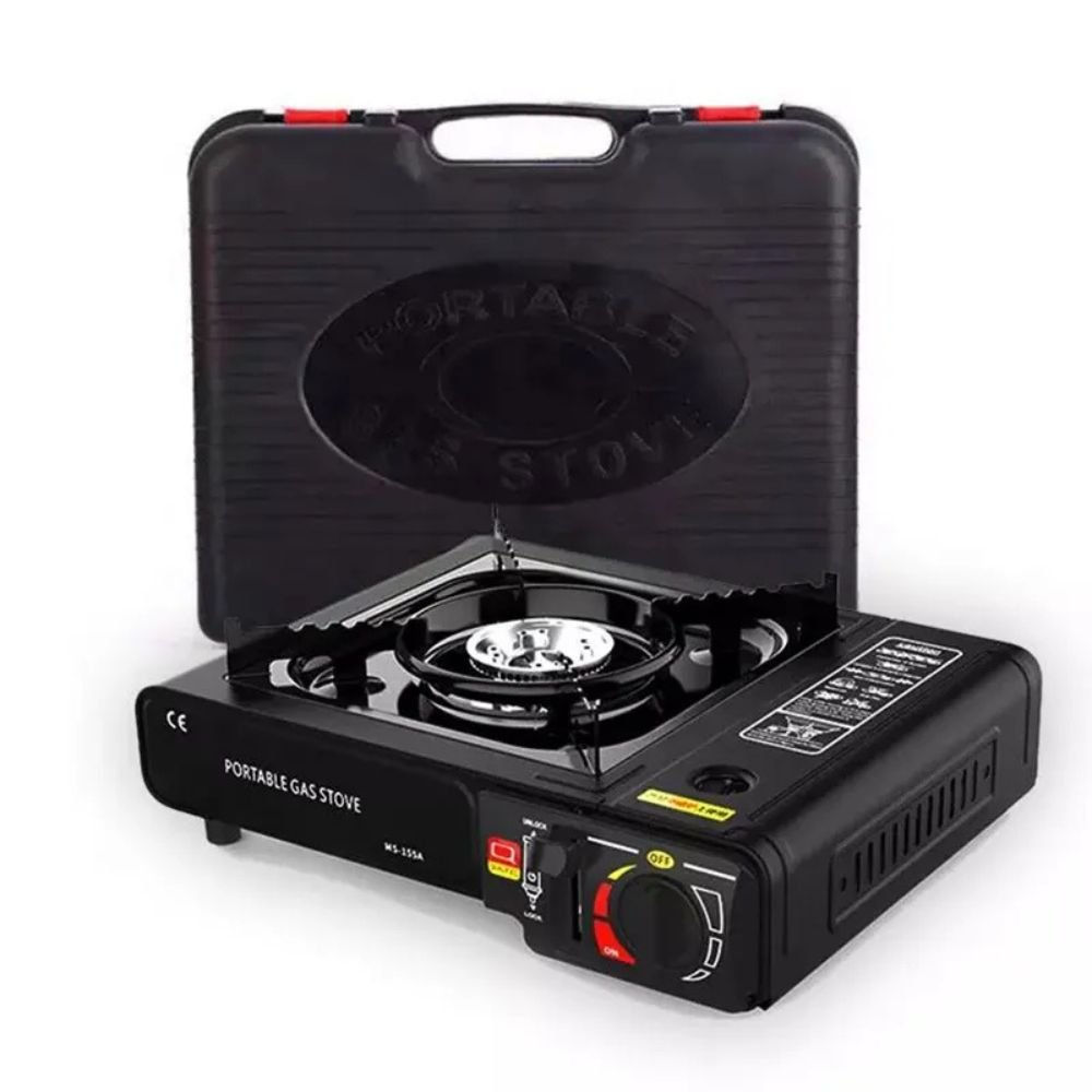 Portable gas stove with open case on white background cooking equipment.