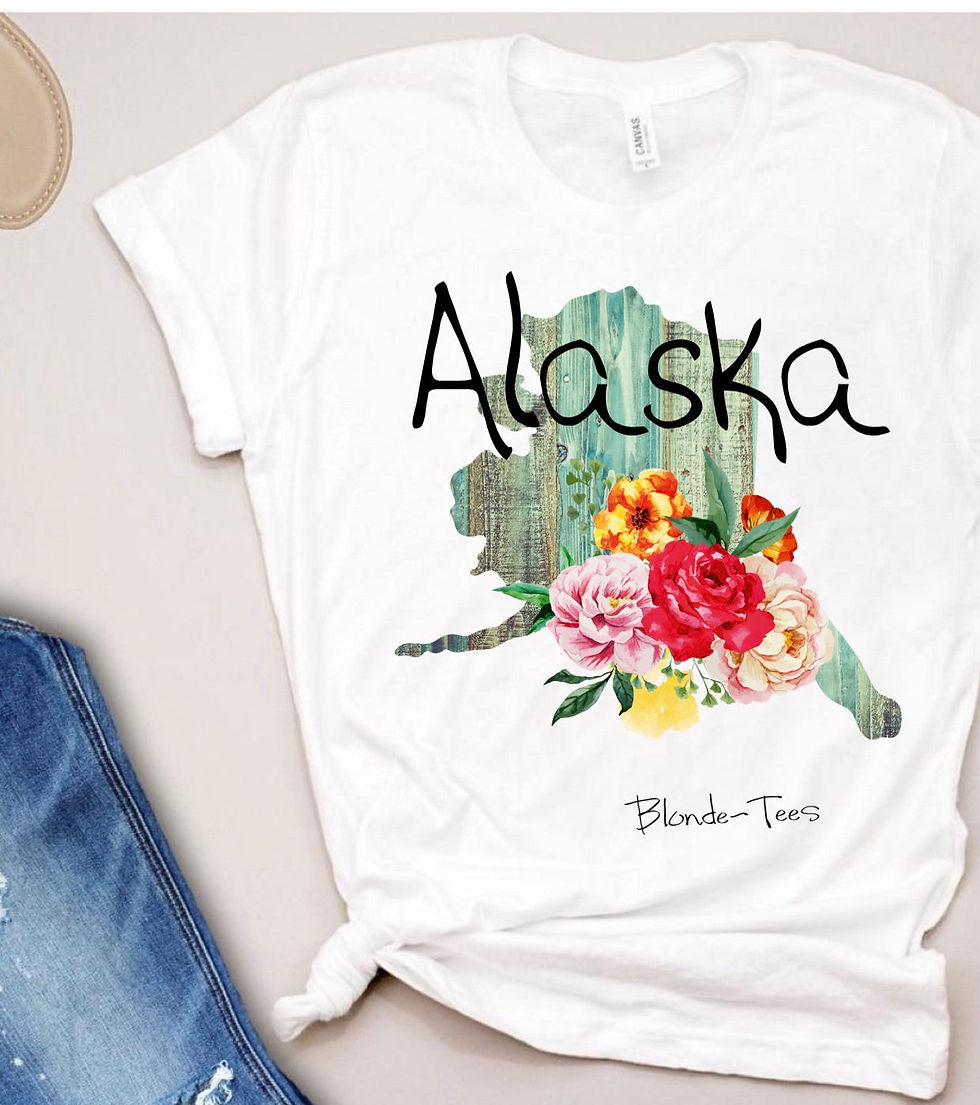 White t-shirt with Alaska map and flowers, reading Alaska and State Totes.
