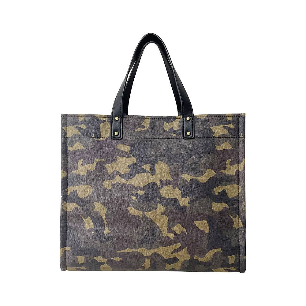 Camouflage tote bag with black handles. This stylish carryall is unique Khaam Fefalene.