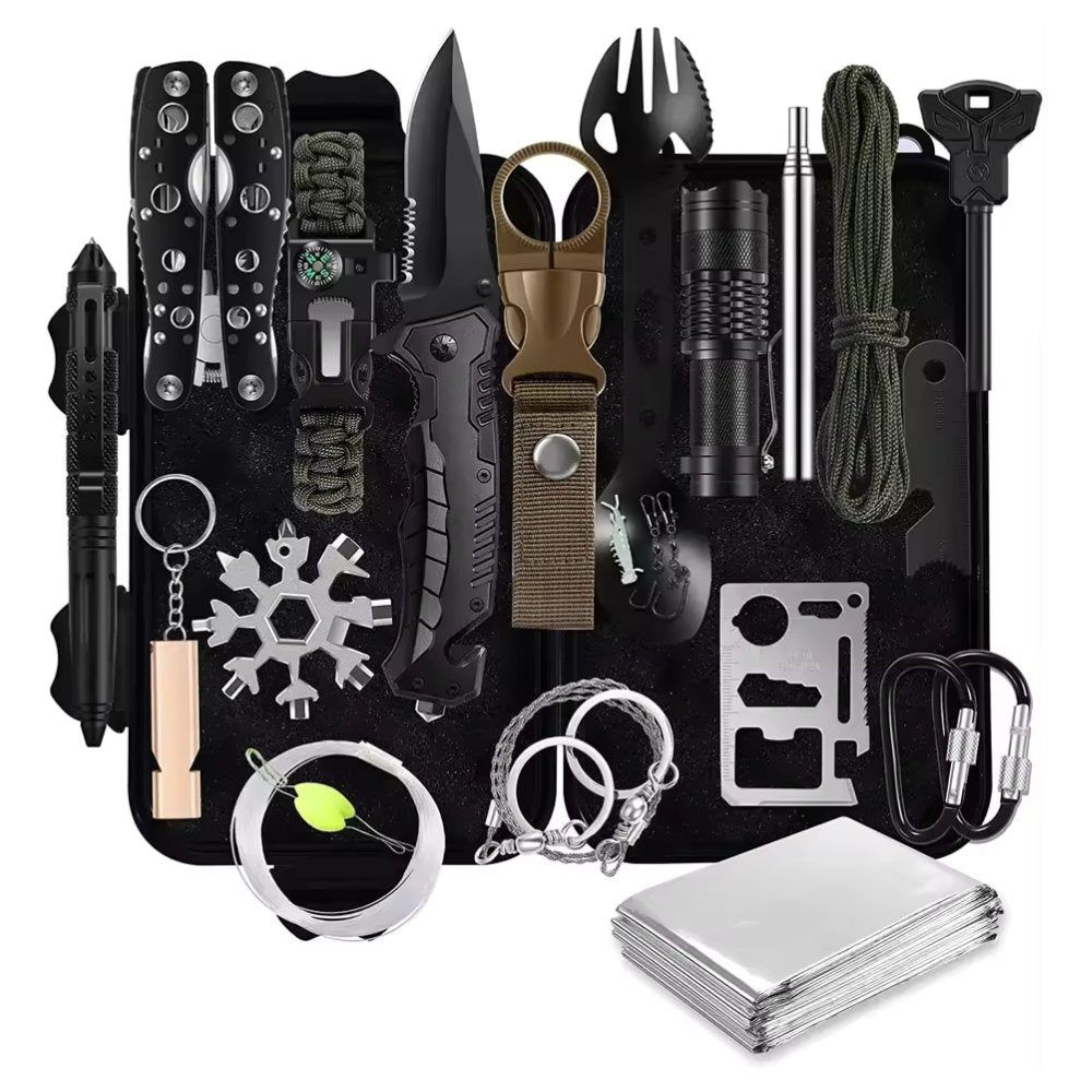 Survival kit with many tools for outdoor activities and emergencies, ready for use