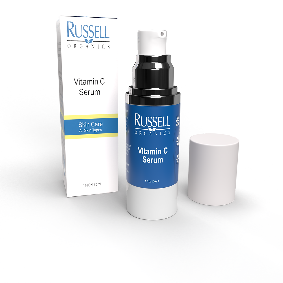 Russell Organics Vitamin C Serum bottle and box, skin care product.