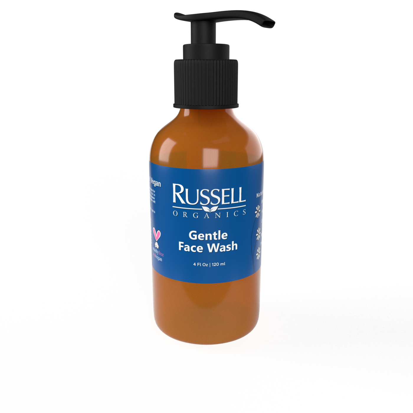 Russell Organics Gentle Face Wash bottle with blue label and black pump.