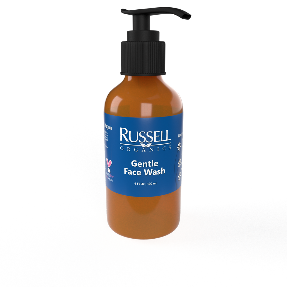 Russell Organics Gentle Face Wash bottle with blue label and black pump.