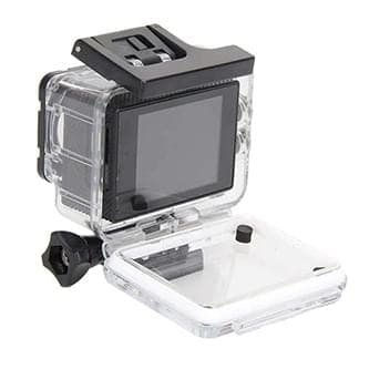 Underwater camera in a clear waterproof case with LCD screen visible.