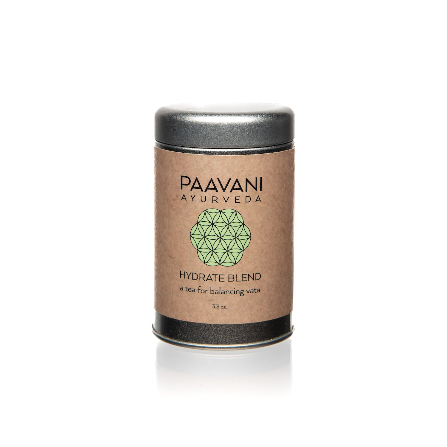 Paavani Ayurveda product label, “Chocolate Blend, Daily Purifying Tea,” tin container on white.