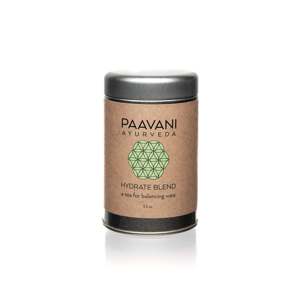 Paavani Ayurveda product label, “Chocolate Blend, Daily Purifying Tea,” tin container on white.