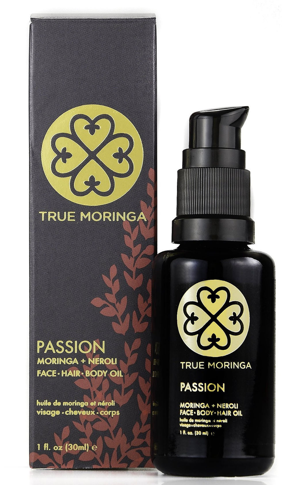 True Moringa Passion oil bottle with packaging, for face, hair, and body.
